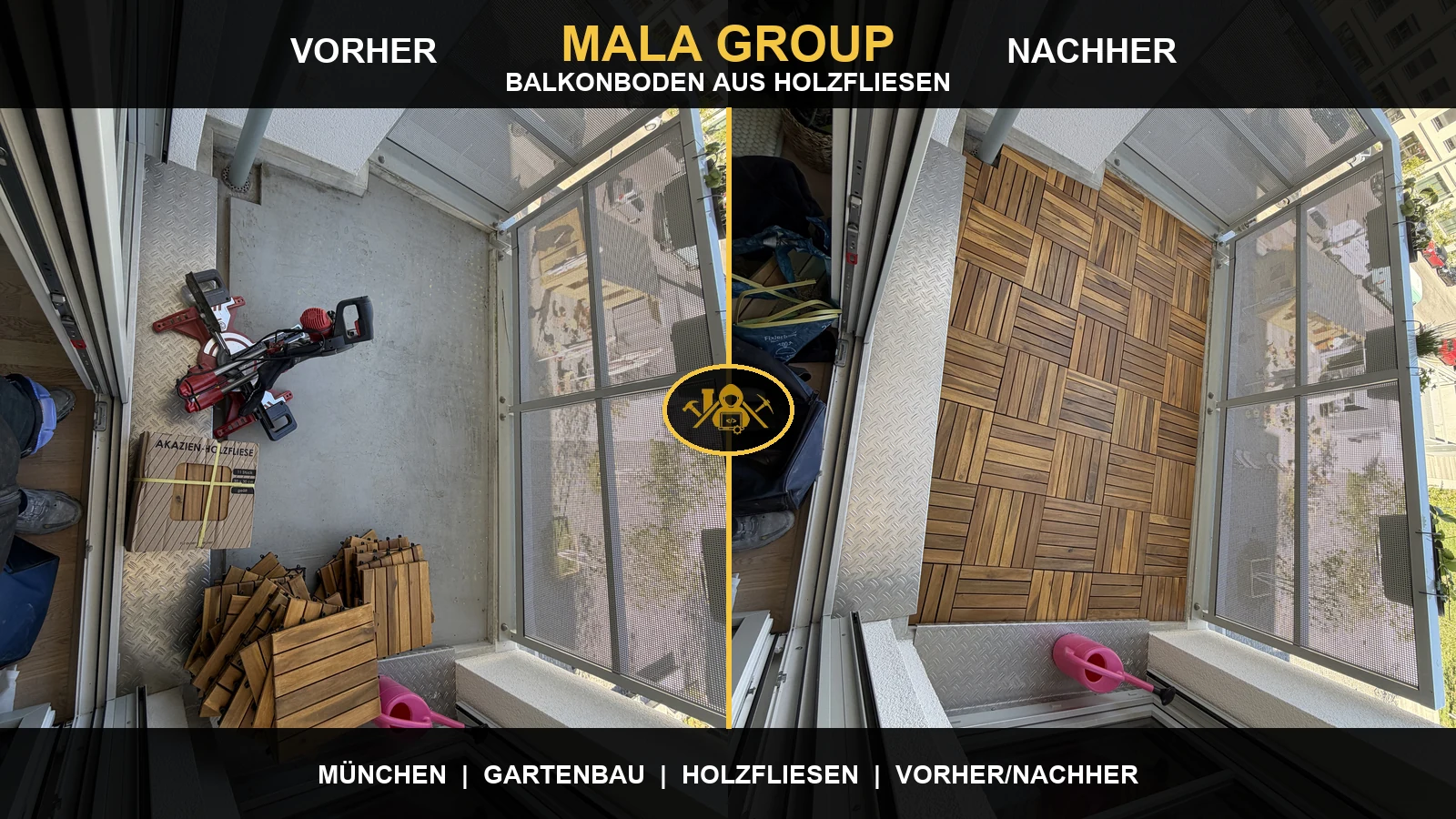 Balkonboden aus Holzfliesen Vorher Nachher Projekt von Mala Group