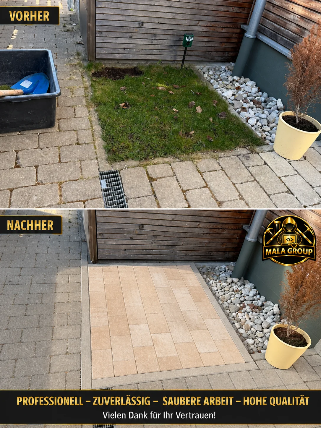 Pflasterarbeiten im Garten Vorher Nachher